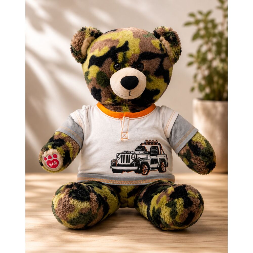 Build A Bear Camouflage Teddy Bear Jeep Shirt Plush 17" Stuffed Animal